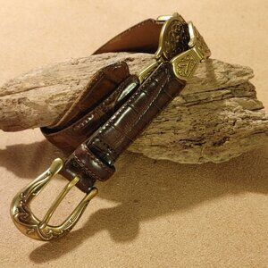 Brown Leather Belt Handcrafted Italian Roco Ornate Brass Buckle Detailing
